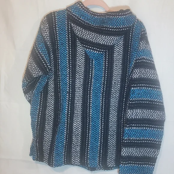 BAJA JOE Unisex XL Poncho Hoodie Knit Hippie Sweater Kangaroo Pocket Surfer Blue - Picture 3 of 4